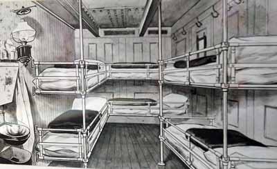 black and white illustration of a basic cabin with three sets of bunk beds