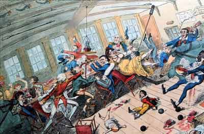 colour illustration showing people and dining equipment lurching around on board a ship