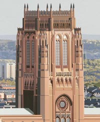 painted detail of a red brick cathedral tower