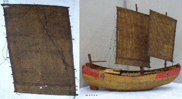 Main sail before treatment and junk after conservation