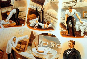 funny illustrations of a man falling over as he puts on his formal dinner suit