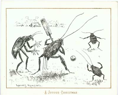 Cricket insect's playing cricket, vintage xmas card