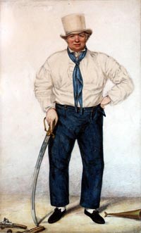Full length painting of a man in blue trousers, white shirt and hat and carrying a cutlass. He looks very confident