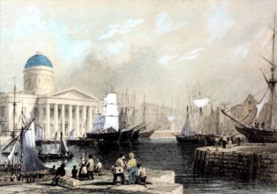 Illustration of a domed building on a dockside