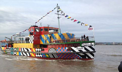 ferry decorated with colourful geometric patterns