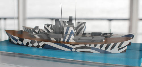 model ship decorated with a geometric pattern in contrasting colours