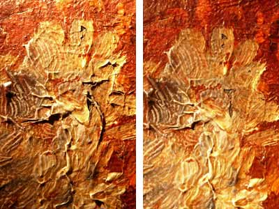 A composite image showing two versions of the same painted area. The one on the left is dirtier and hs much more flaking paint