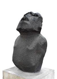 Dark grey stone statue of a head and torso.