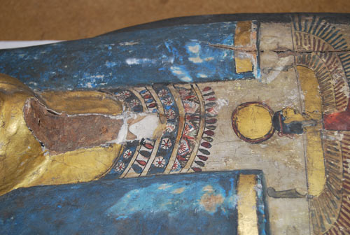 The coffin after removing the majority of dirt and soot with a brush, museum vacuum and smoke sponge.