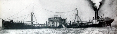 Black and white photograph of a large ship