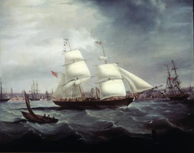 oil painting of a ship at sea, with a port in the background and a rowing boat in the foreground