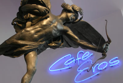 Eros statue and Cafe Eros sign