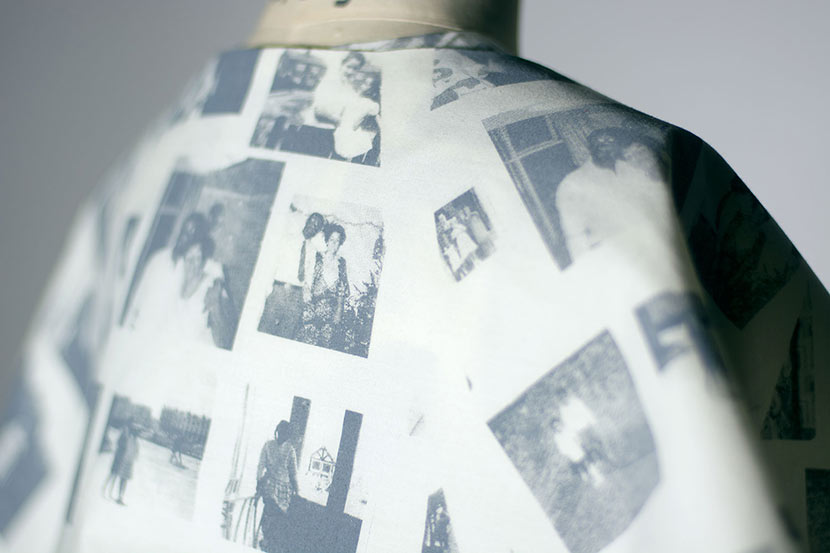 Dress with family photographs printed on the fabric