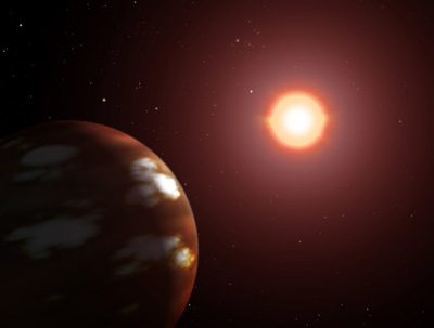 a space image of a red planet with a red sun in the distance
