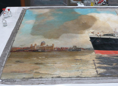 detail of a ship painting, showing a small dark dirty area of the sky 