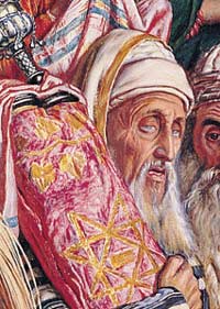 brightly coloured painting of a blind man in robes