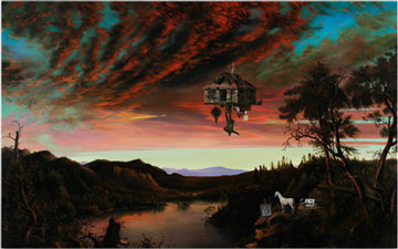 Painting of a sunsent with a house floating in the sky