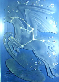 A blue sheet of glass with a horse outline
