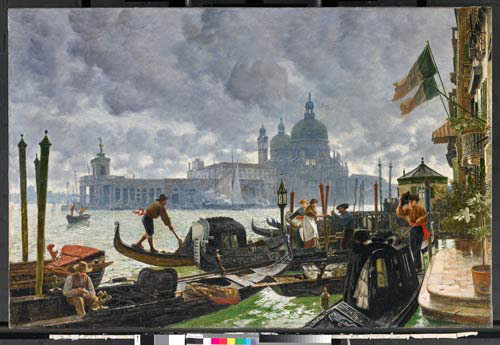 painting of gondolas under a cloudy grey sky in Venice