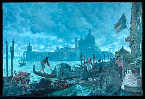 painting of gondolas photographed under a bright light, which gives it a blue glow