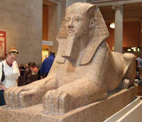 brown stone sphinx in a museum