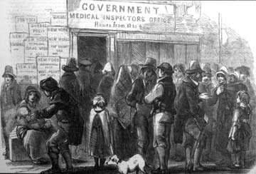 drawing of people queuing outside an office 