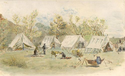 painting of a row of tents