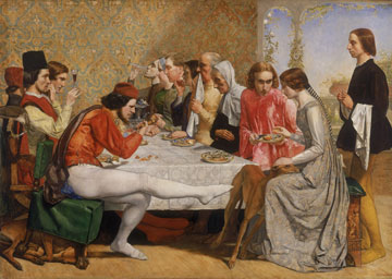 A painting of people gathered around a dining table