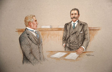 drawing of Bruce Ismay being questioned in court