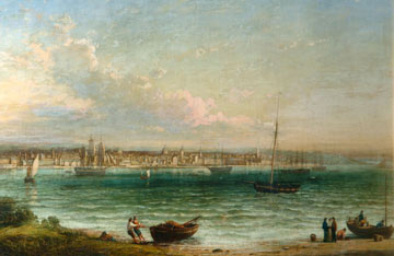 painting of sailing ships in the Mersey with Liverpool in the background