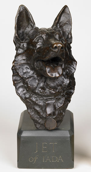 sculpture of Jet the dog's head