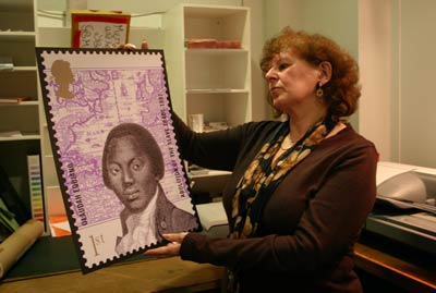 lady with giant stamp