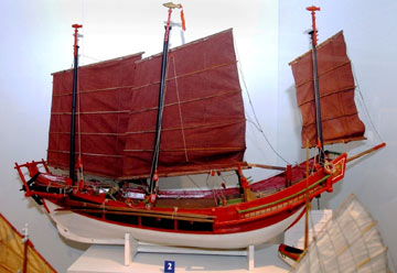 model of traditional Chinese ship in museum display case