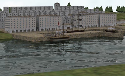 computer generated image showing ships in a dock with warehouses behind