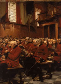 painting showing rows of old men sitting in red coats