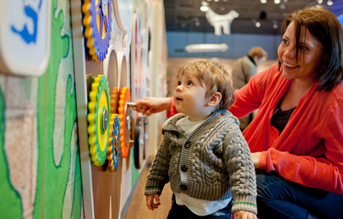 mother and toddler playing with activities in the Little Liverpool gallery