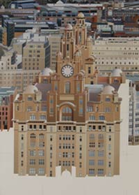 A partly finished oil painting of a tall building with a clock face