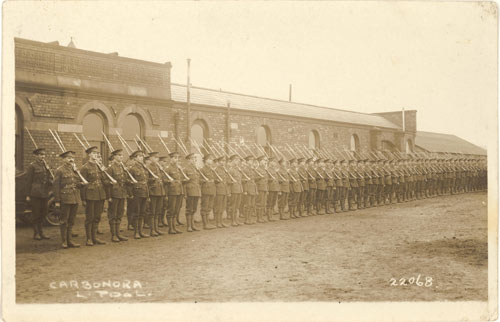 Row of soldiers in uniform carrying rifles