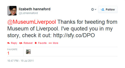 screen shot of Liz's tweet 'Thanks for tweeting from Museum of Liverpool' 