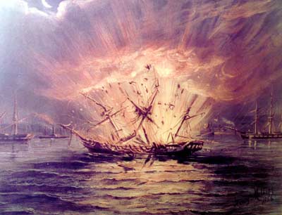 an oil painting showing a large wooden ship exploding