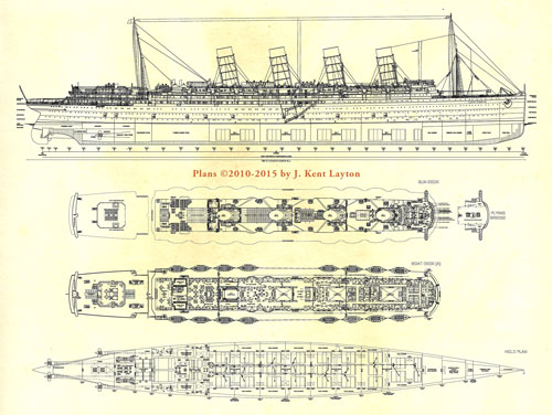 drawing of the Lusitania from the side and plans of  the decks