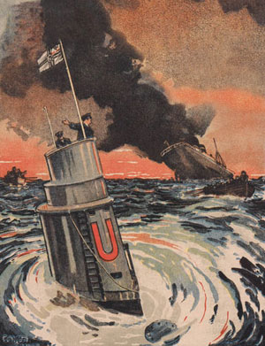 poster illustration of people on a U-boat watching the Lusitania sink