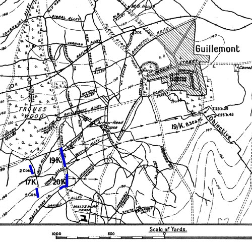 Black and white map of Guillemont and Trones Wood