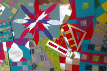 Lots of patterns created from coloured and shiny paper