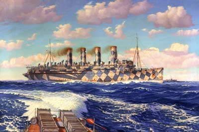 Painting of a ship with blue and cream camouflage pattern