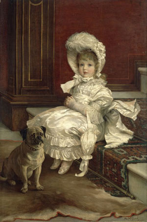 painting of a girl in smart clothes with a dog