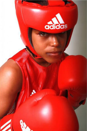 Natasha Jonas wearing her boxing gloves