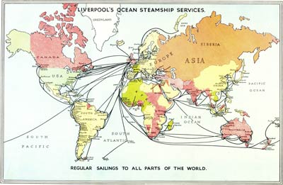 map of the world showing routes from Liverpool