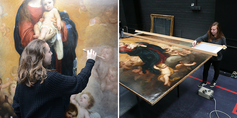 Olympia Diamond, Paintings Conservator, working on Murillo's Virgin and Child in Glory 