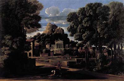 landscape painting showing a Greek temple, town, hill and trees